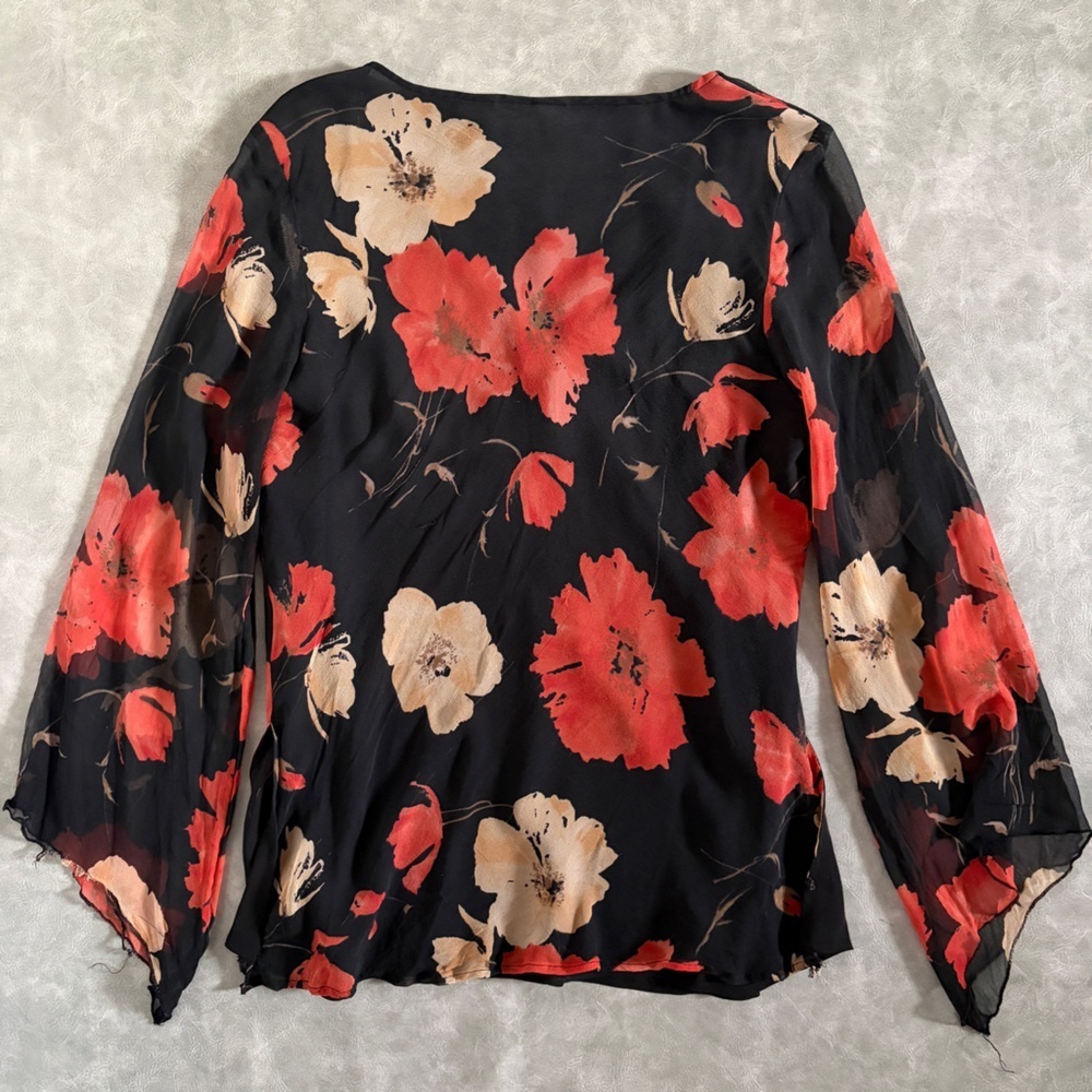 Vintage 100% silk black floral whimsigoth mesh long sleeve top - Picture 7 of 12